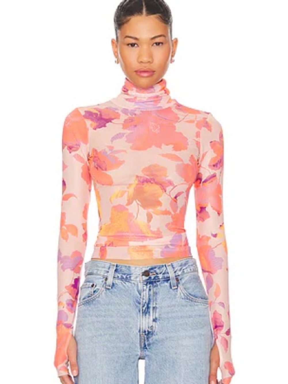 AFRM Floral Long-Sleeve Turtleneck Top in Peach and Pink